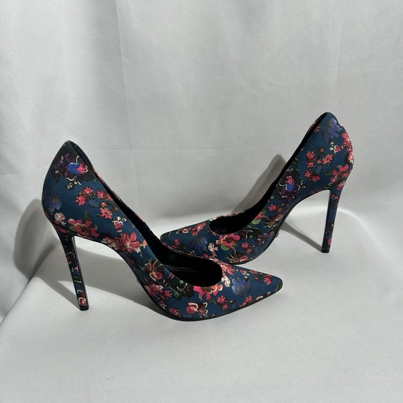 Schutz Gilberta Floral Pointed Toe Pumps Blue Pink Stiletto Heels 8B Silky - Picture 4 of 8